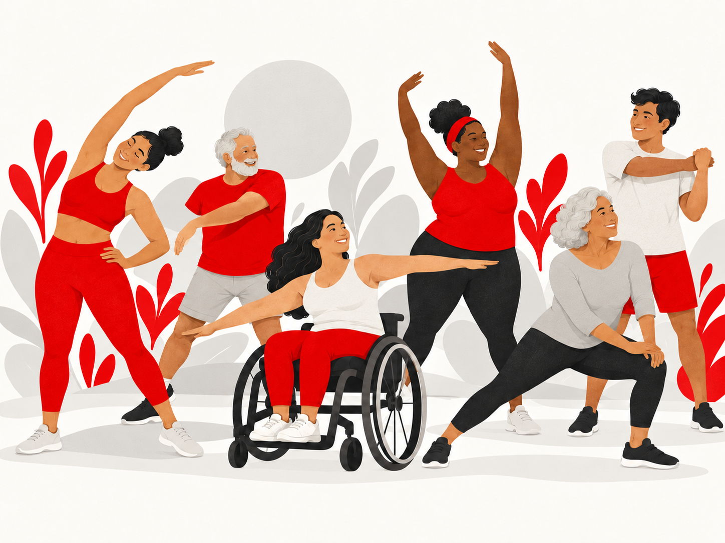 Original illustration of a diverse group enjoying gentle movement together